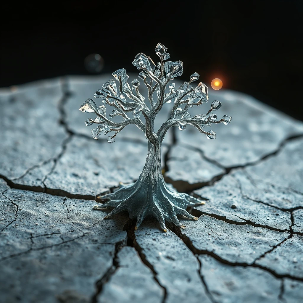 Escultura de cristal de un árbol creciendo de una losa de concreto agrietada, con orbes luminosos, representando la fuerza y el crecimiento de la resiliencia.