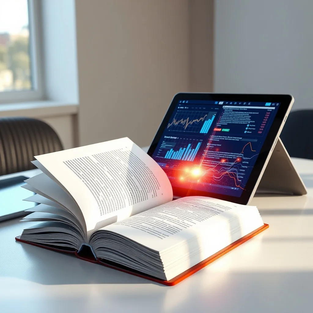 Libro abierto y tablets digitales simbolizando el aprendizaje continuo