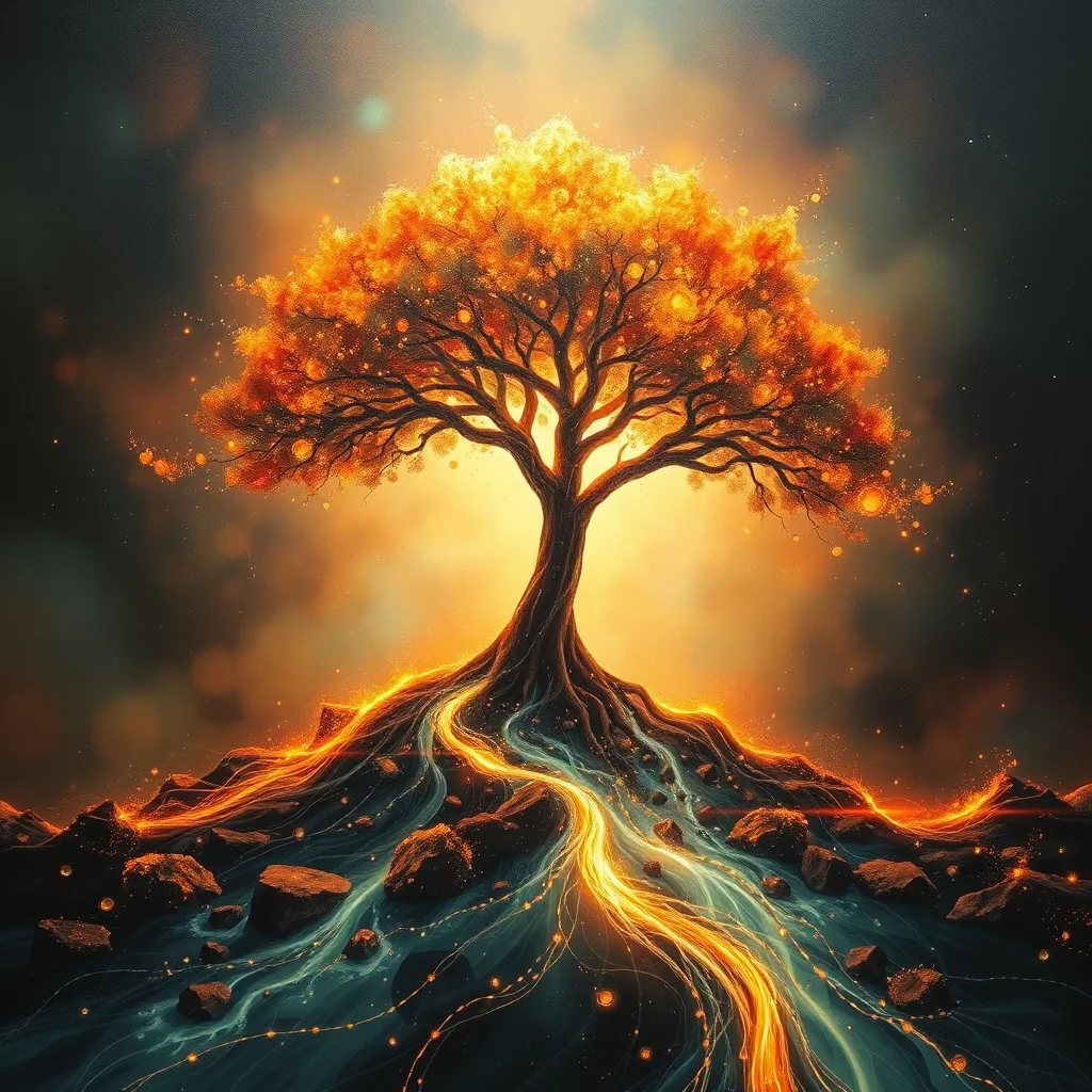 Arte conceptual abstracto de un río de partículas de luz que convergen en la silueta de un árbol fuerte y estable, sobre un fondo oscuro y cambiante, simbolizando el flujo de recursos y el crecimiento sostenible.