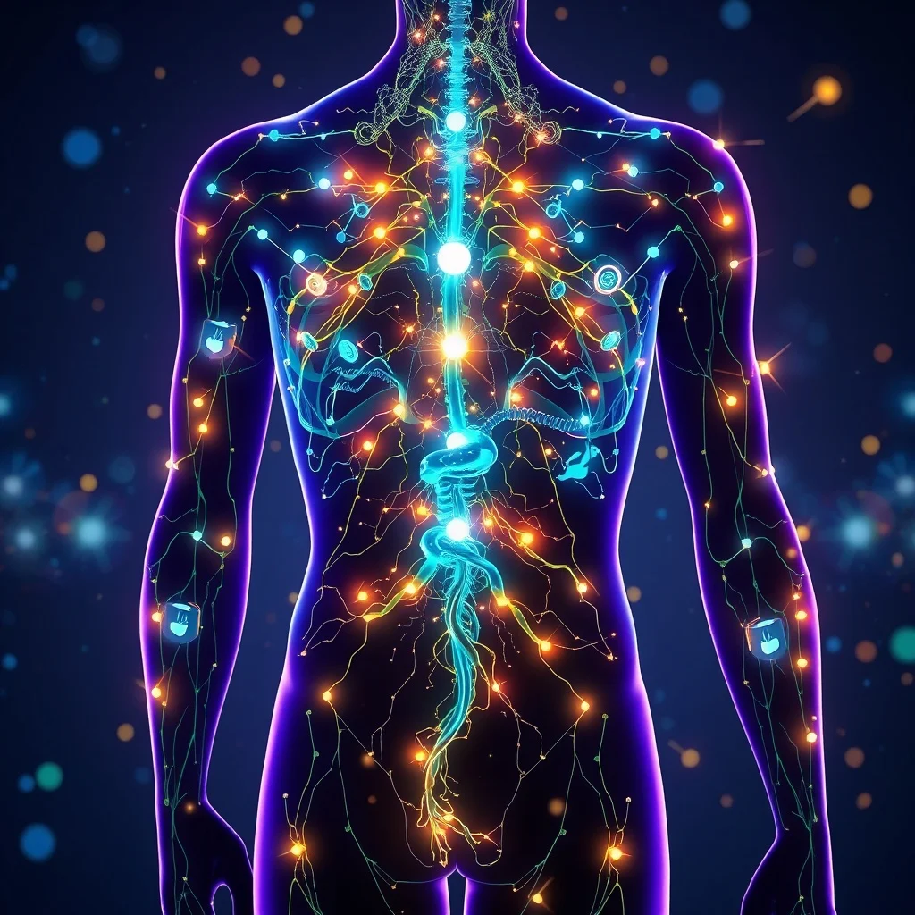 Ilustración vectorial de sistemas biológicos interconectados en un cuerpo humano