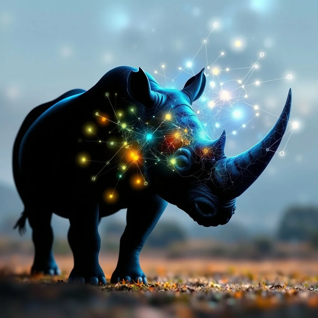Ilustración 3D de una silueta de rinoceronte conectada a una red de datos ecológicos, representando su rol como especie clave en el ecosistema.