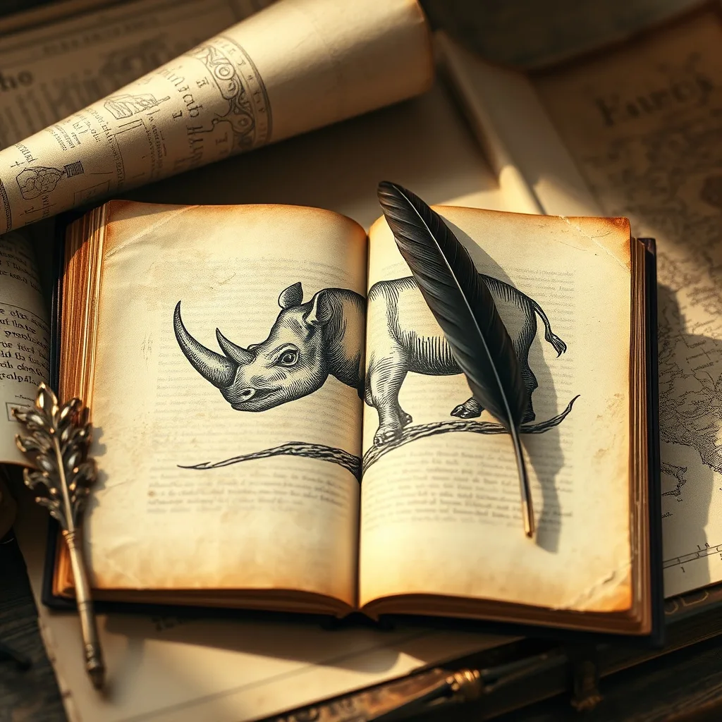 Fotografía vintage de un bestiario antiguo abierto, mostrando una ilustración de un rinoceronte de dos cuernos, junto a una pluma y un mapa.