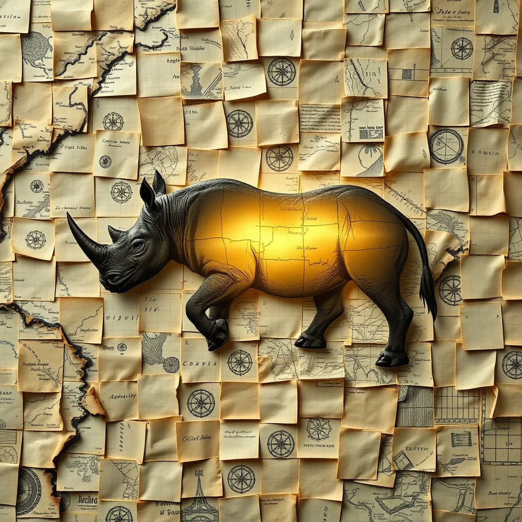 Arte conceptual de un mosaico fragmentado de mapas antiguos y bocetos científicos, con una silueta etérea de rinoceronte en el centro.