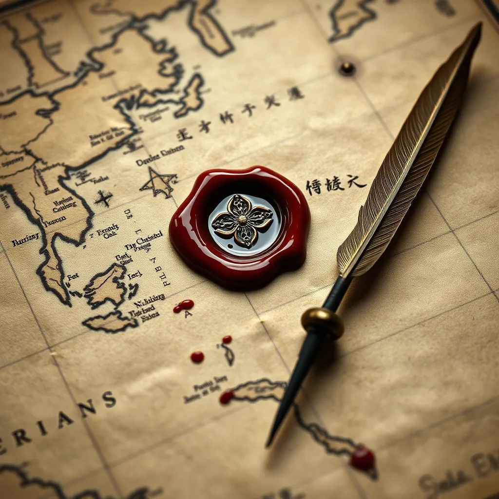 Una antigua carta náutica del siglo XVI, detallando las rutas marítimas entre Europa y Asia, con un sello real de cera y una pluma de ave sobre ella, evocando la correspondencia diplomática de la época.