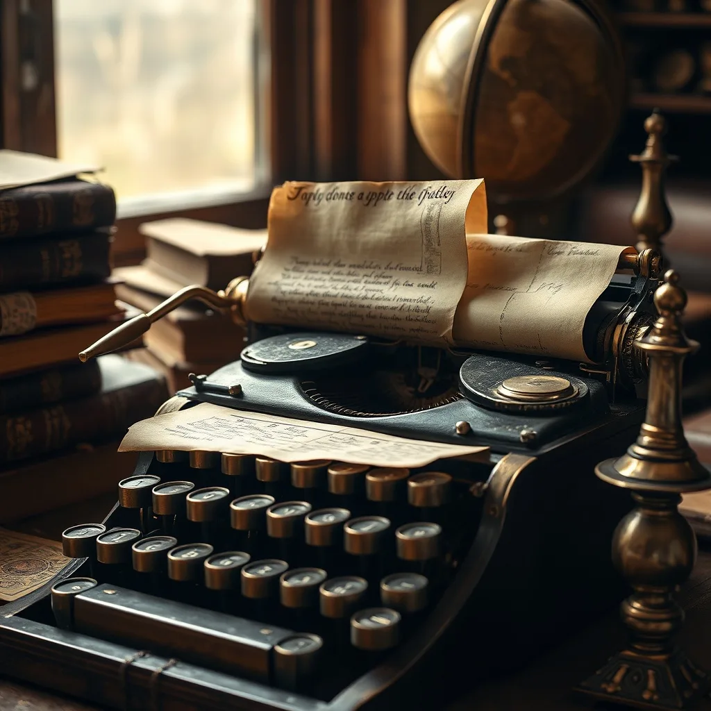 Una antigua máquina de escribir con un rollo de papiro a medio escribir, rodeada de libros polvorientos y un globo terráqueo vintage, evocando la difusión del conocimiento y la curiosidad científica en el Renacimiento.