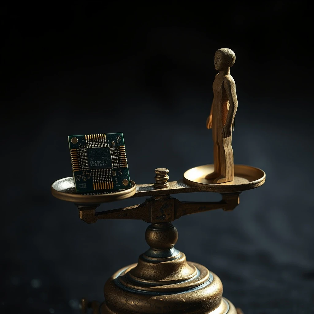 Fotografía macro de una balanza antigua con un microchip y una figura de madera.