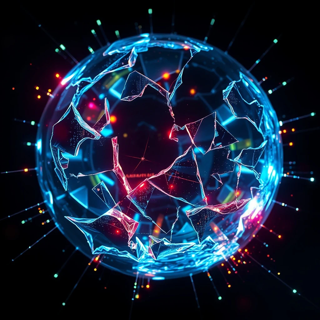 Render 3D de una esfera de cristal rota con datos digitales.