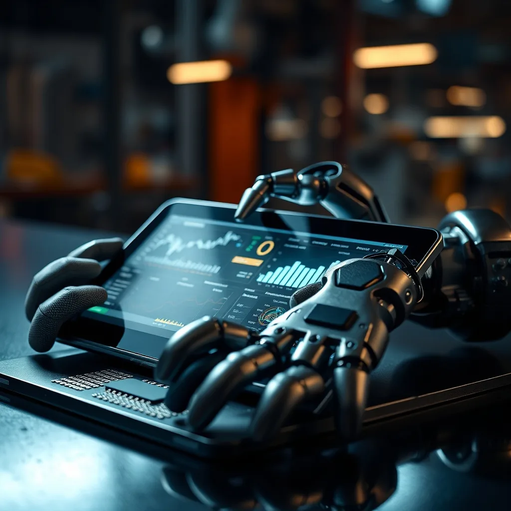 Un bodegón cinematográfico con guantes industriales, una tableta digital mostrando datos de producción y una escultura abstracta de un brazo robótico, evocando la innovación en el trabajo.