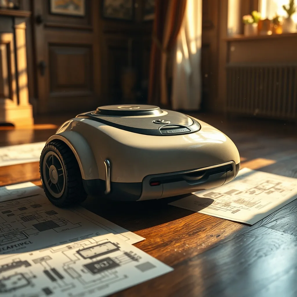 Aspiradora robot vintage de principios de los 2000 sobre un suelo de madera, rodeada de planos y esquemas, con luz solar dorada y motas de polvo, estilo bodegón cinematográfico.