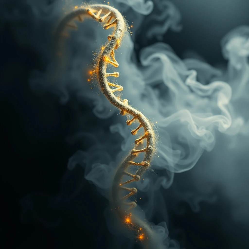Representación abstracta de la doble hélice del ADN con tonos azules y dorados, emergiendo de una niebla, simbolizando el descubrimiento.