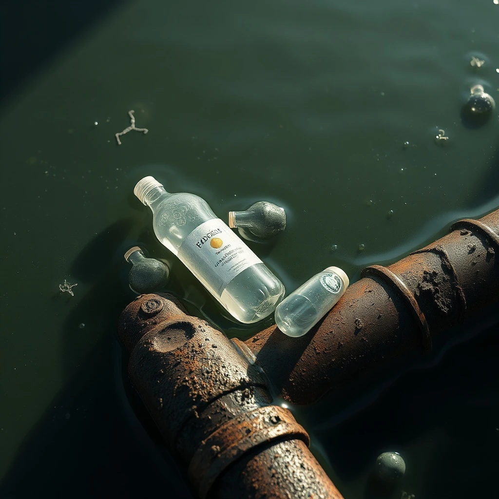 Fotografía de bodegón cinematográfico de botellas de plástico y microplásticos flotando en agua turbia junto a una tubería oxidada.