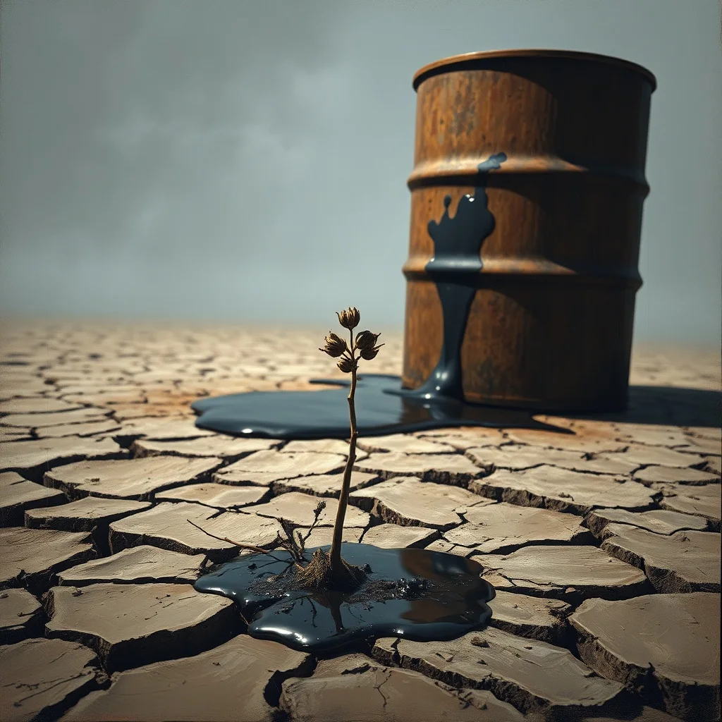 Pintura al óleo de una planta marchita en suelo agrietado, con un barril oxidado goteando líquido oscuro. Estilo impresionista.