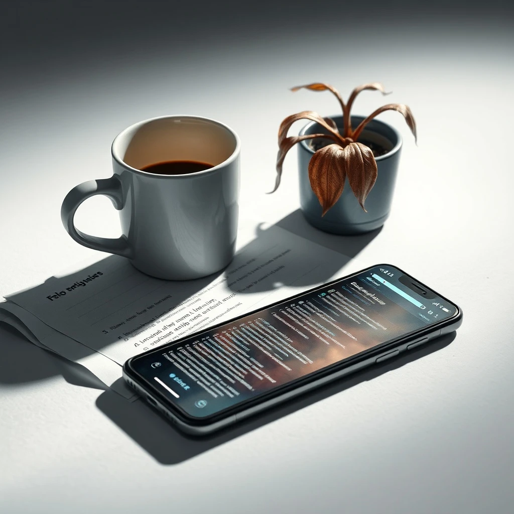 Bodegón en acuarela de una taza de café a medio beber, una lista de tareas arrugada, un smartphone con notificaciones y una planta marchita, simbolizando el agotamiento y la sobrecarga digital.