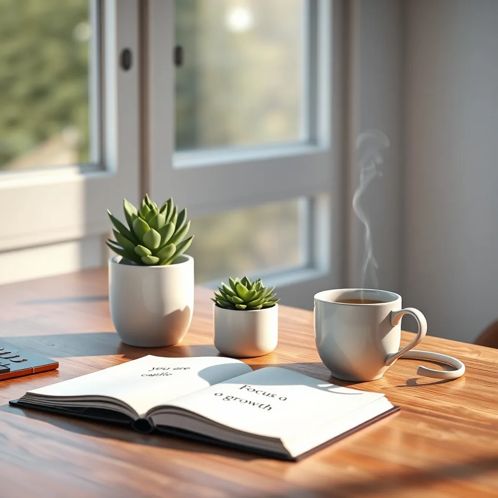 Fotografía cinematográfica de un escritorio ordenado con una planta suculenta, un diario con afirmaciones positivas, auriculares con cancelación de ruido y una taza de té, bajo luz natural, simbolizando un ambiente de trabajo sereno y equilibrado.
