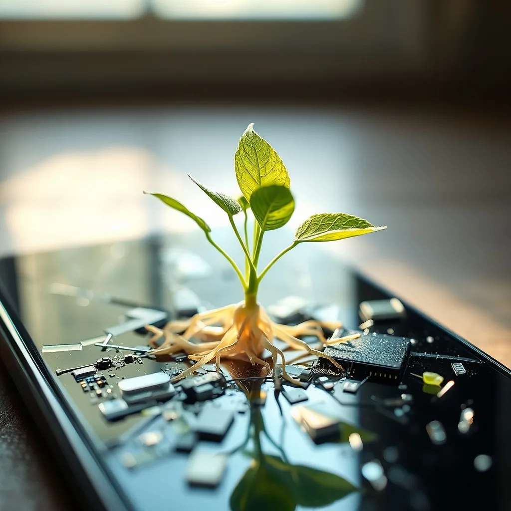 Arte conceptual de una planta delicada y brillante que emerge de una pantalla de smartphone rota, con sus raíces entrelazadas en el cristal. El fondo es una luz natural suave que se filtra por una ventana, simbolizando la resiliencia y el equilibrio en la era digital.