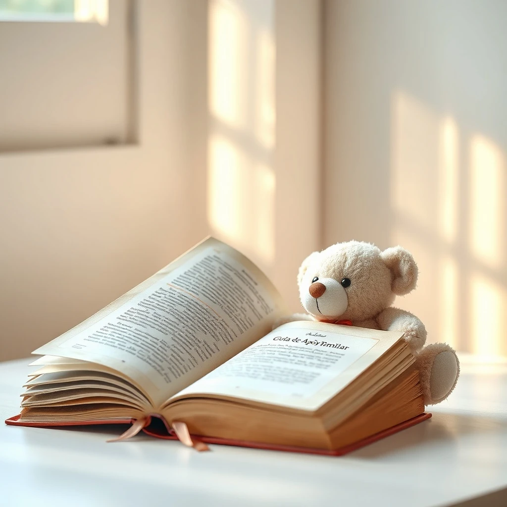 Bodegón de un libro de guía parental y un oso de peluche, simbolizando apoyo familiar