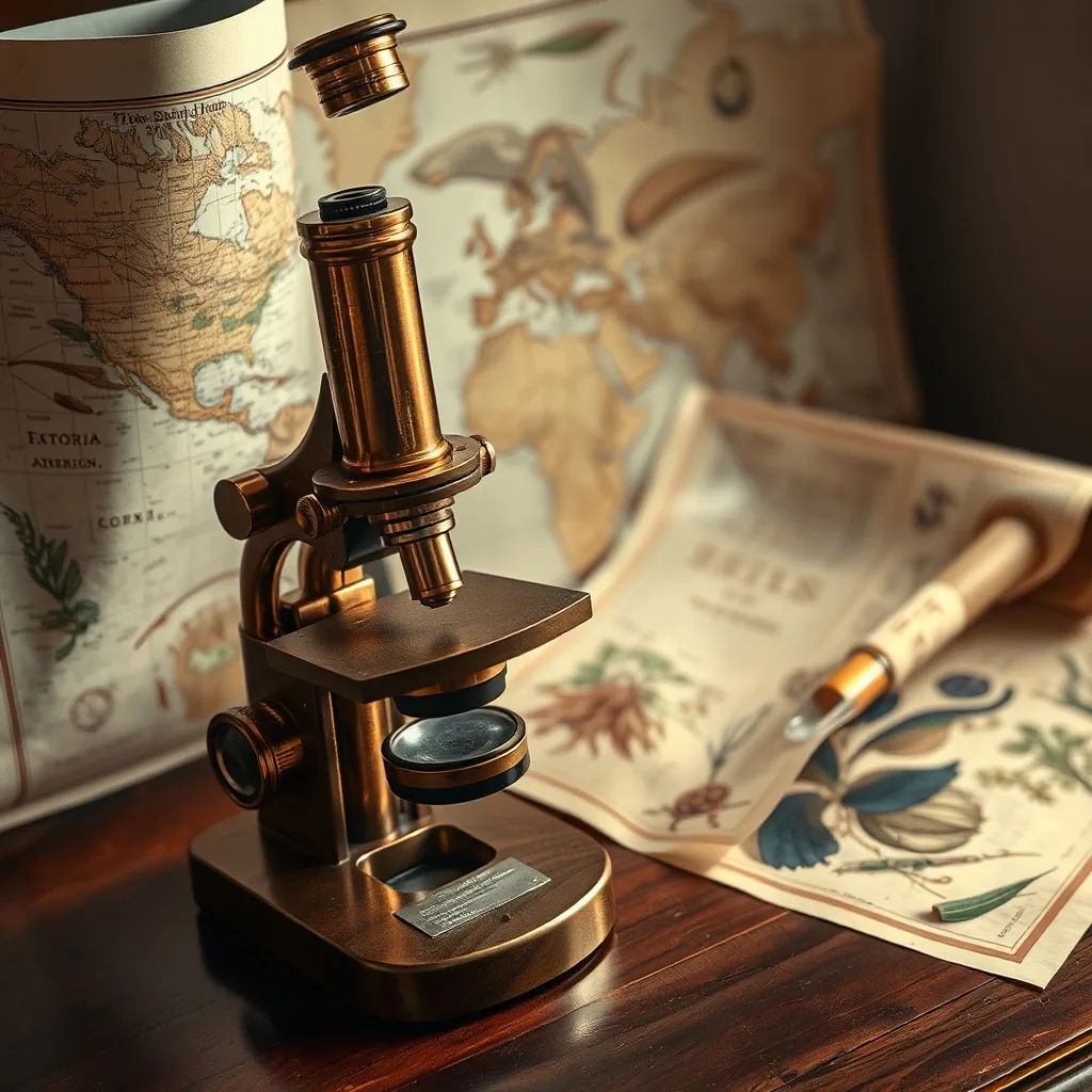 Fotografía still-life de un microscopio antiguo sobre un escritorio de madera, rodeado de ilustraciones botánicas y un mapa global, simbolizando la investigación de la salud planetaria.