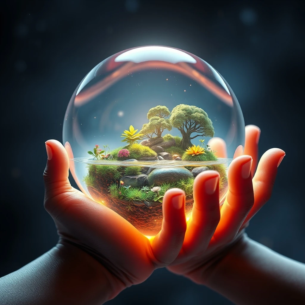 Renderizado 3D conceptual de una esfera de cristal que contiene un ecosistema en miniatura, sostenida por manos abstractas de luz, simbolizando el equilibrio y la protección planetaria.