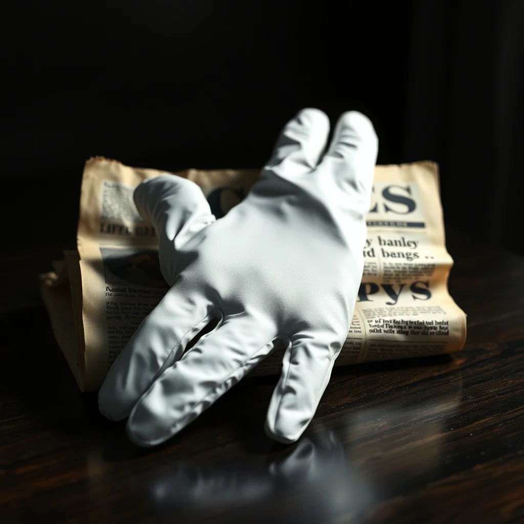 Primer plano de un periódico amarillento y arrugado con un titular sensacionalista sobre una celebridad, parcialmente cubierto por un guante blanco inmaculado, sobre una mesa de madera oscura y pulida. Iluminación dramática de claroscuro con poca profundidad de campo.