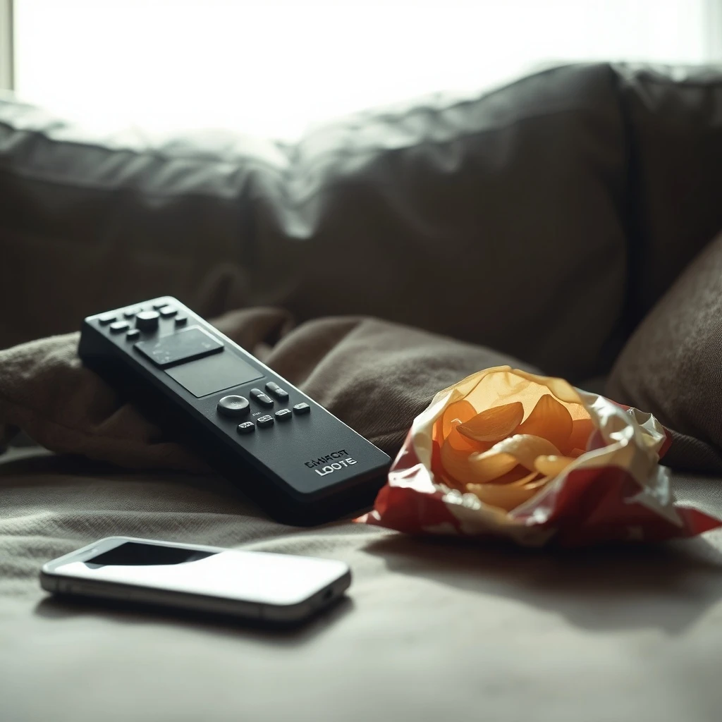 Un control remoto desgastado sobre un cojín de sofá, con una bolsa de patatas fritas a medio comer y un smartphone, bajo una iluminación suave y melancólica, simbolizando la inercia del sedentarismo.
