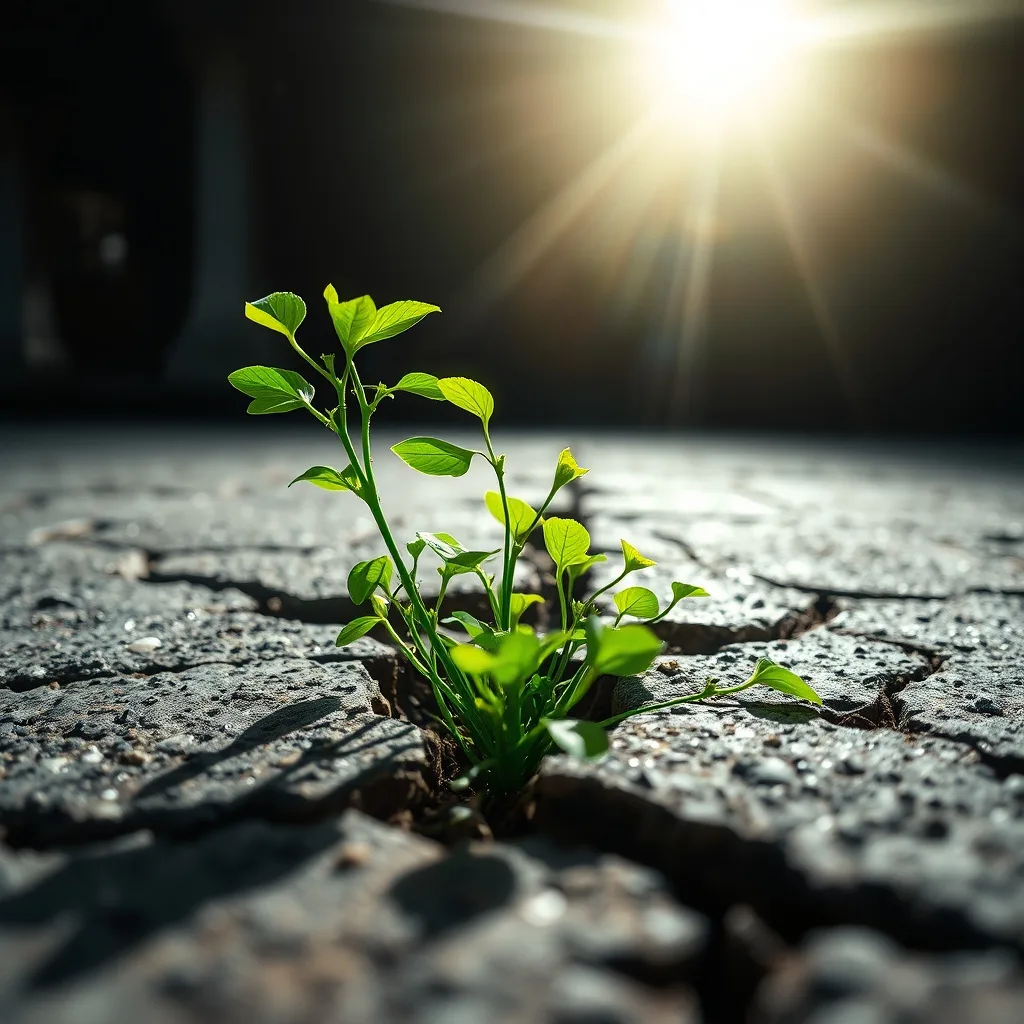Una planta verde exuberante creciendo a través de grietas en un pavimento de concreto, extendiéndose hacia una fuente de luz abstracta y brillante, simbolizando la resiliencia y el poder del movimiento natural.