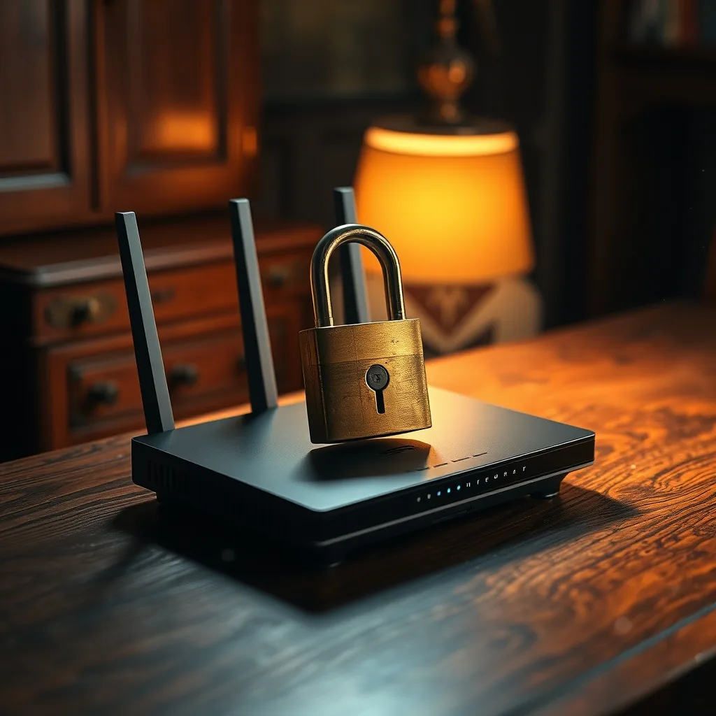 Fotografía cinematográfica de un router Wi-Fi moderno sobre un escritorio antiguo de madera, con un candado de latón vintage encima, luz dramática y ambiente acogedor.