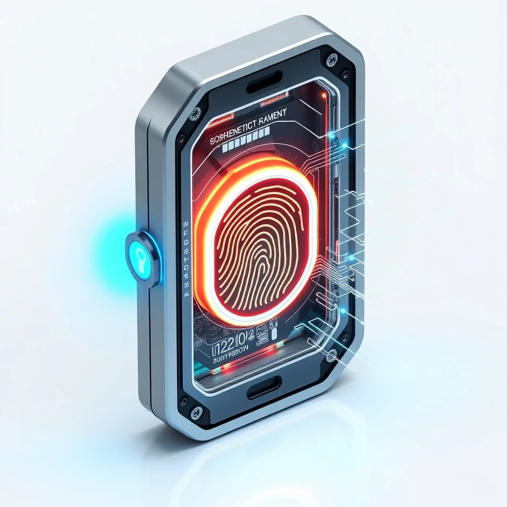 Renderizado 3D de una cerradura de puerta inteligente futurista con un escáner de huellas dactilares brillante, mostrando mecanismos internos y flujos de datos holográficos, en un entorno minimalista.