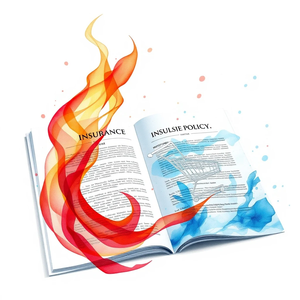 Pintura de acuarela de un documento de póliza de seguro abierto con símbolos abstractos de fuego y agua fusionándose y un icono de carrito de compras.