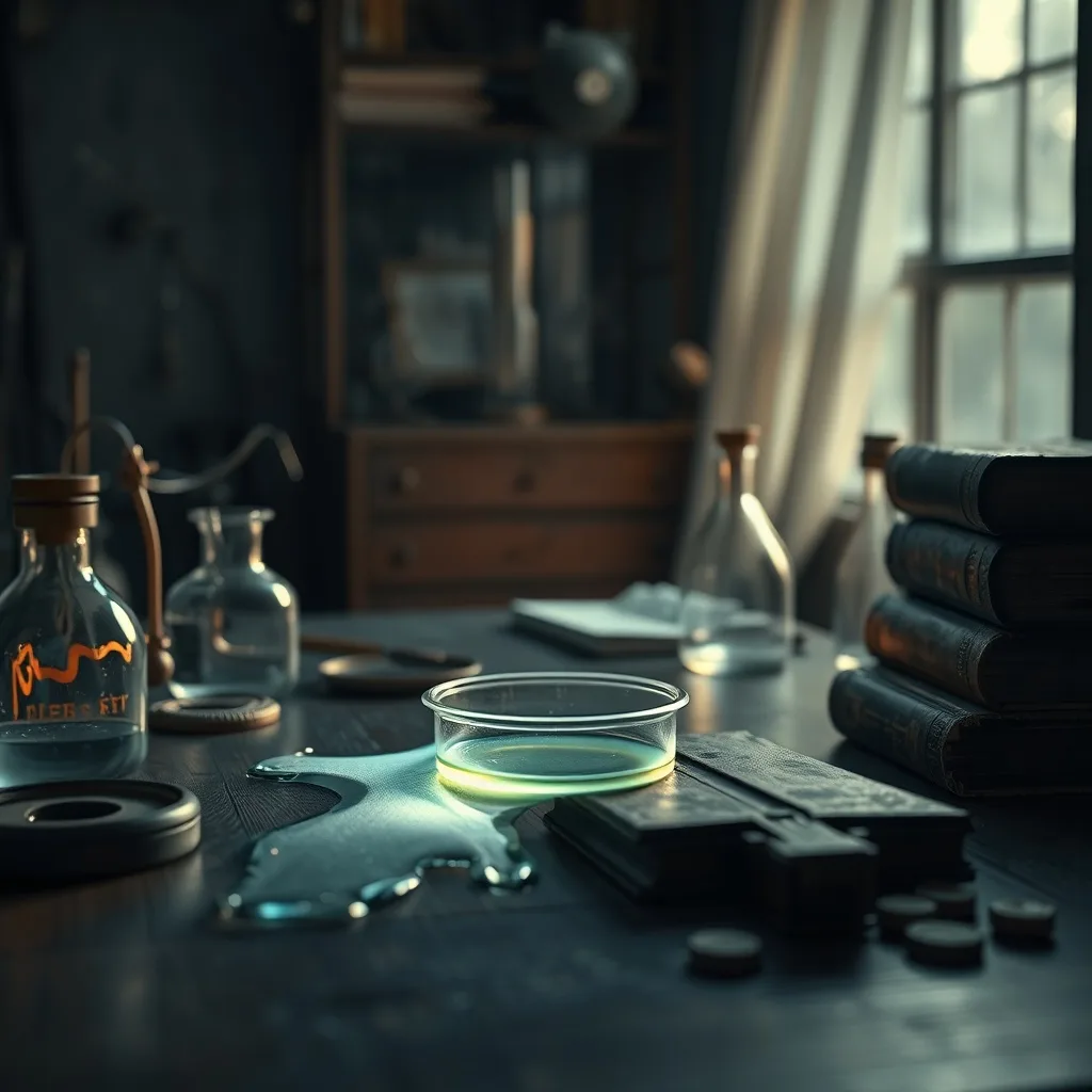 Bodegón cinematográfico de un laboratorio antiguo con una placa de Petri derramada y un brillo sutil, simbolizando un avance científico accidental.