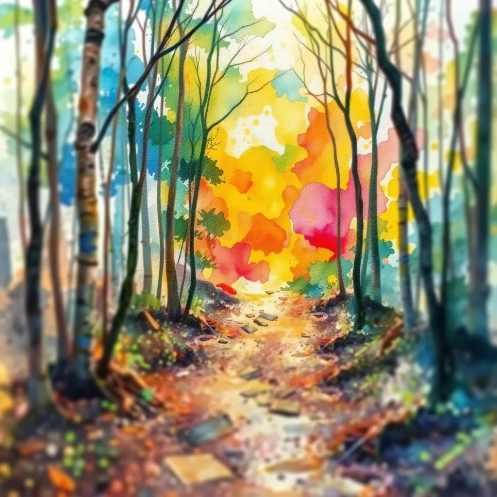 Pintura abstracta de acuarela de un sendero forestal con una explosión de colores inesperados, simbolizando un hallazgo positivo en la vida.