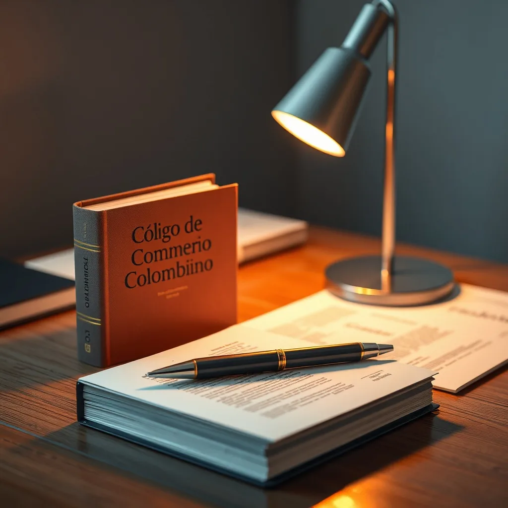 Un escritorio con un libro del Código de Comercio Colombiano, un bolígrafo y documentos legales, iluminado por una lámpara de escritorio.