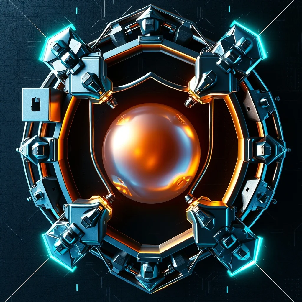 Renderizado 3D de formas geométricas interconectadas que forman un escudo alrededor de una esfera brillante, simbolizando la protección del capital y la responsabilidad limitada.