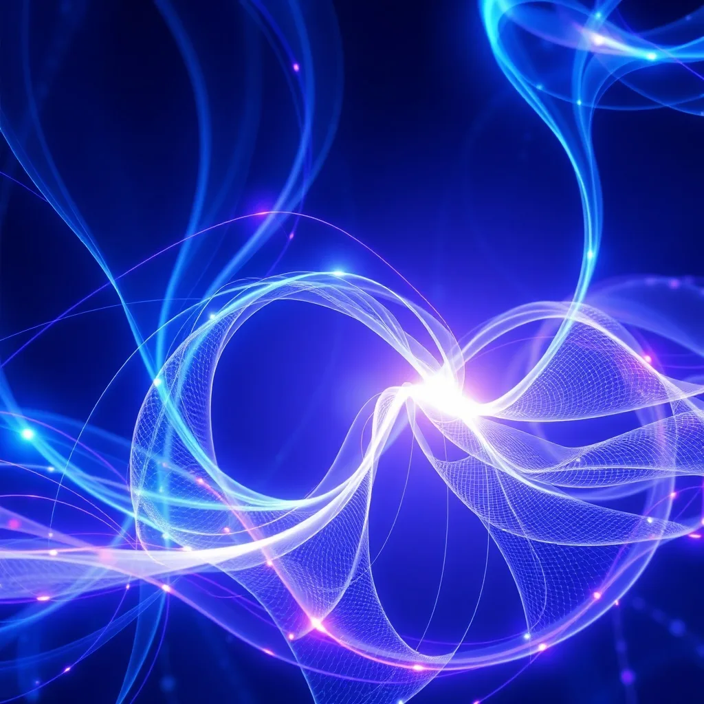 Patrón abstracto y dinámico de luz azul y púrpura, simbolizando vibraciones sónicas y campos energéticos.