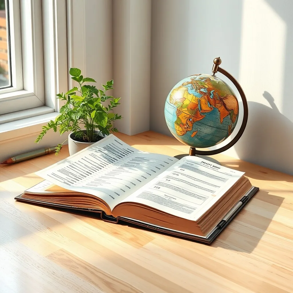 Fotografía de bodegón de un escritorio con un libro de contabilidad, una planta y un globo terráqueo, simbolizando la gestión empresarial sostenible.