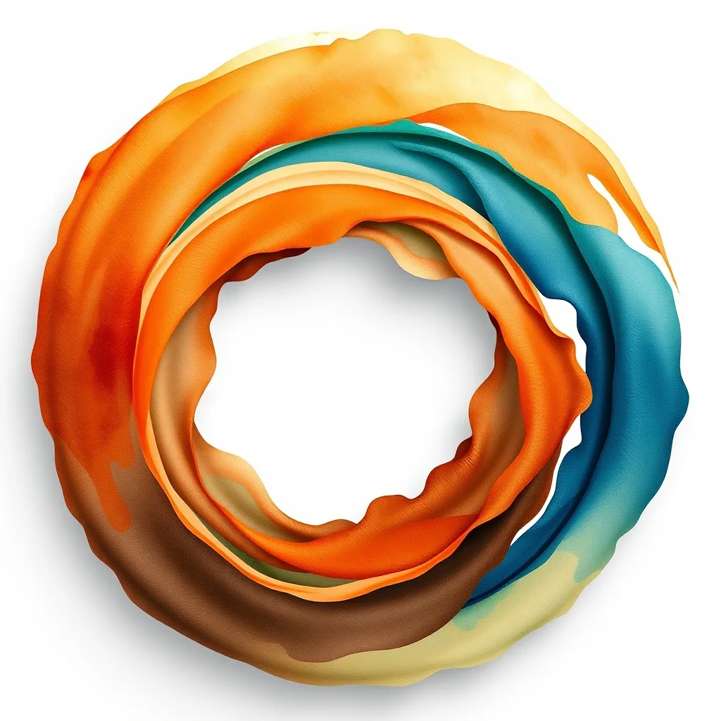 Pintura acuarela abstracta que representa la economía circular con ciclos interconectados de colores tierra y azul, simbolizando la regeneración de recursos.