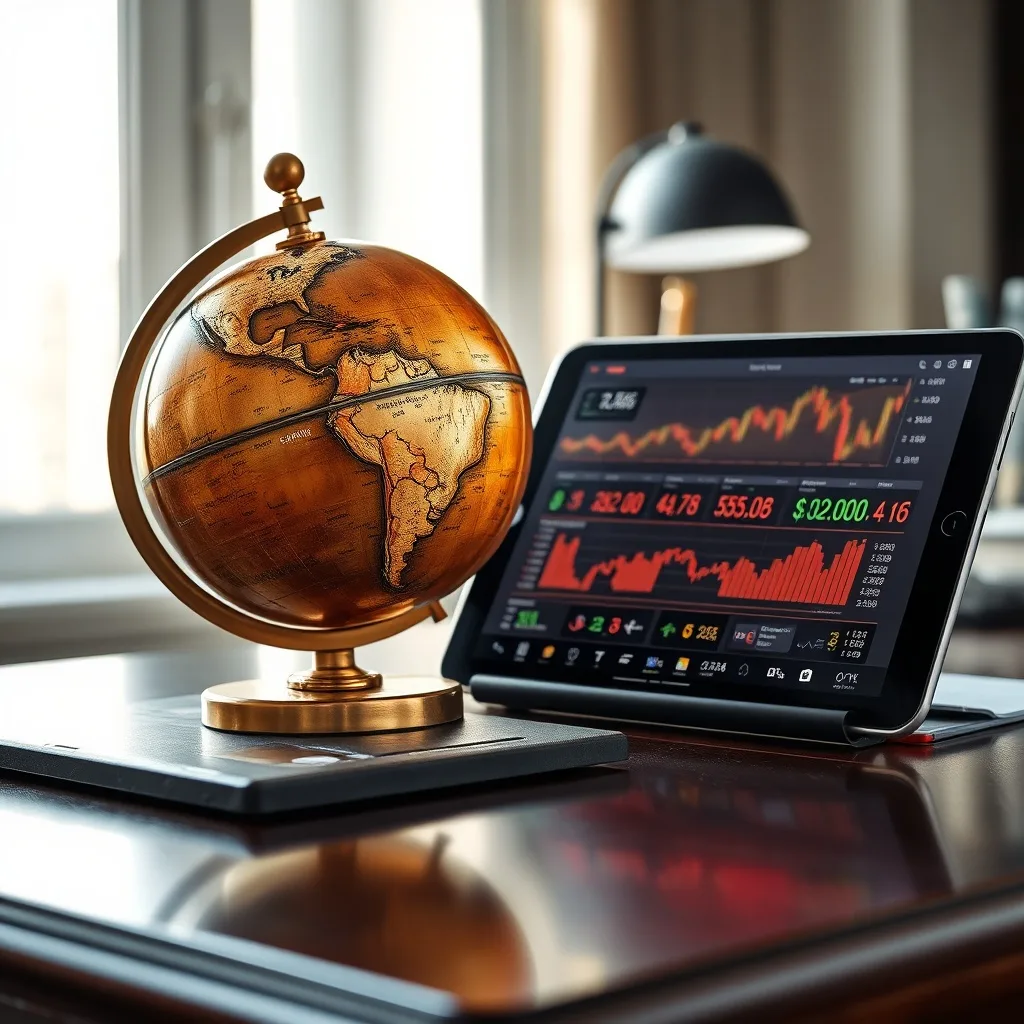 Escritorio con un globo terráqueo antiguo y una tablet moderna mostrando gráficos financieros, representando la inversión global en el ecosistema emprendedor latinoamericano.