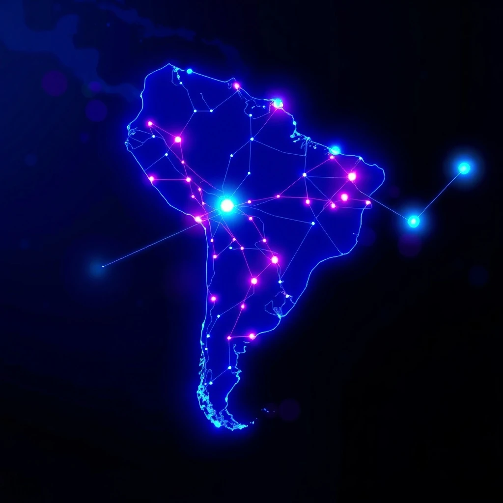 Red abstracta de líneas y nodos luminosos sobre un mapa estilizado de América Latina, simbolizando la innovación tecnológica y el futuro del ecosistema emprendedor.