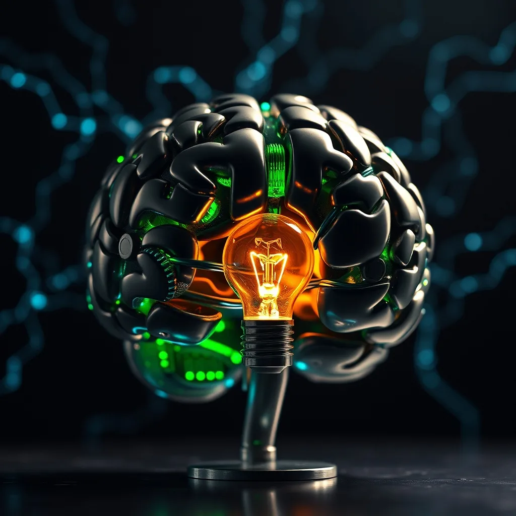 Arte conceptual de engranajes y circuitos formando un cerebro estilizado con una bombilla brillante en el centro, rodeado de líneas de código, en una atmósfera oscura y contemplativa.