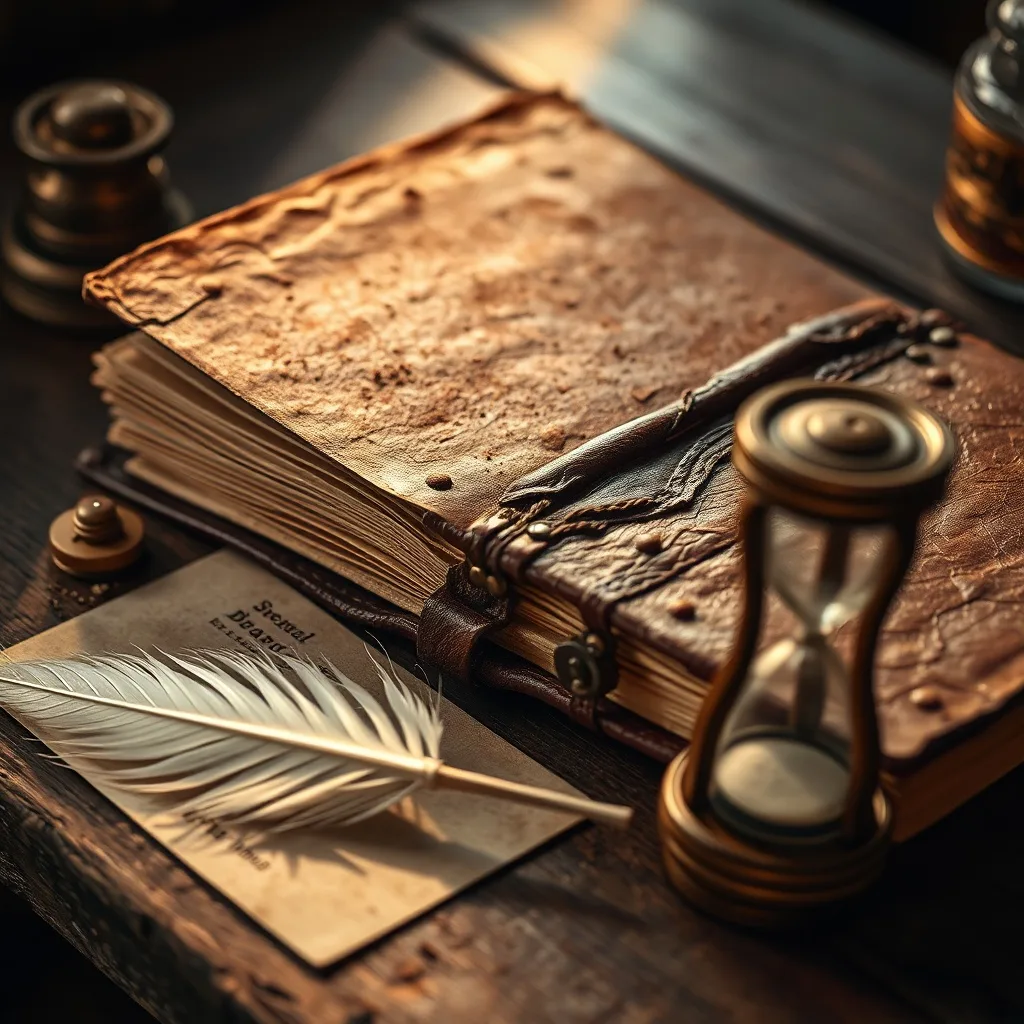 Primer plano macro de un diario de sueños antiguo de cuero, ligeramente abierto, con una pluma de ave y un reloj de arena sobre una mesa de madera, iluminado por una luz cálida. No hay figuras humanas.