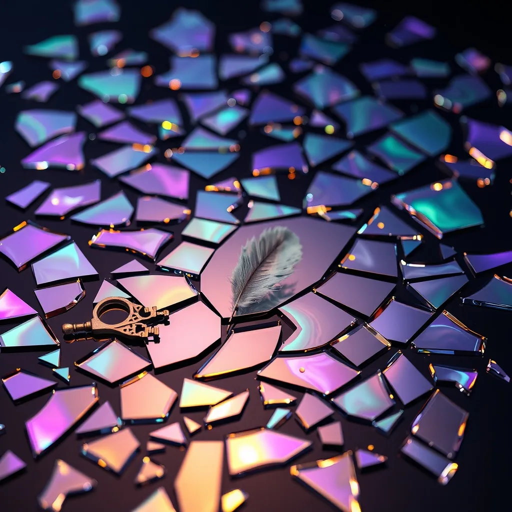 Arte conceptual abstracto de un espejo roto que refleja patrones de colores y luces, con fragmentos individuales que muestran objetos simbólicos como una llave, una pluma de ave y un río. No hay figuras humanas.