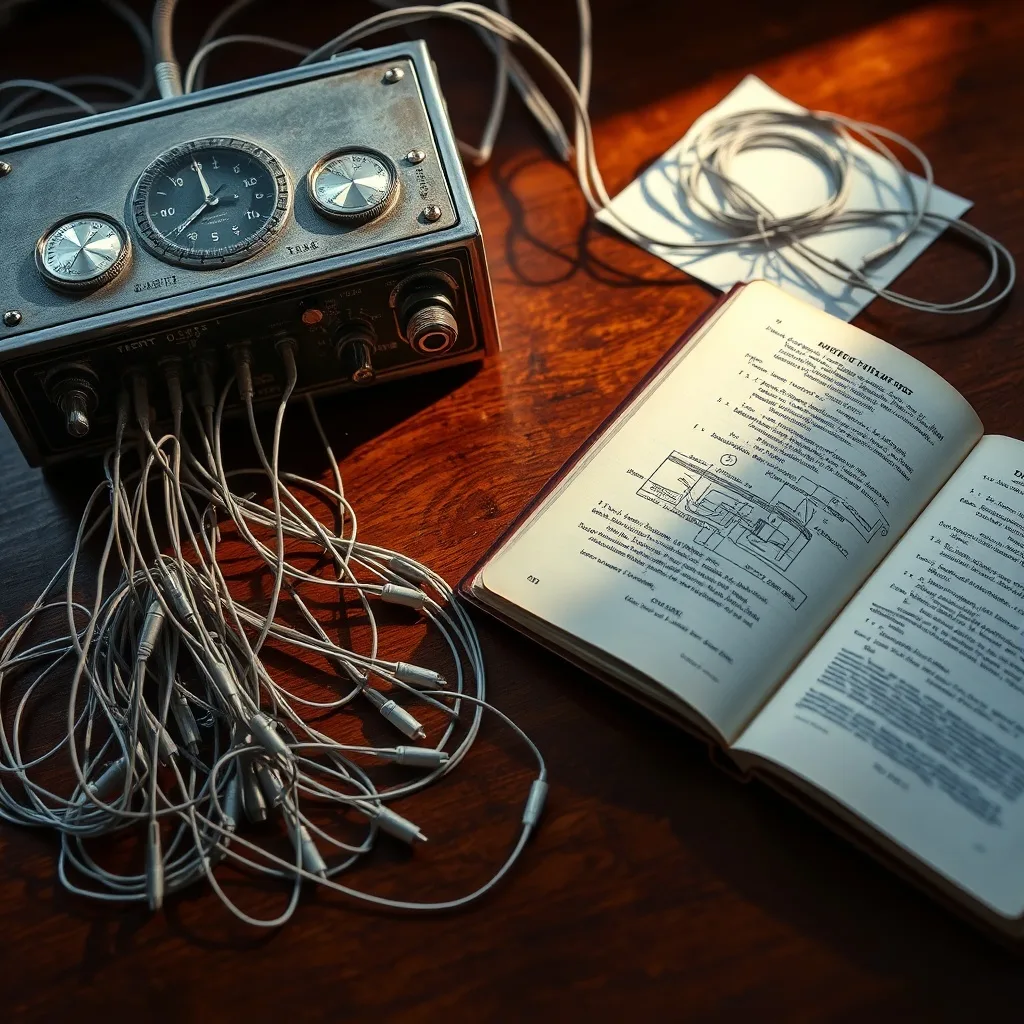 Máquina EEG vintage con cables y electrodos sobre un escritorio de madera, junto a un diario científico abierto.