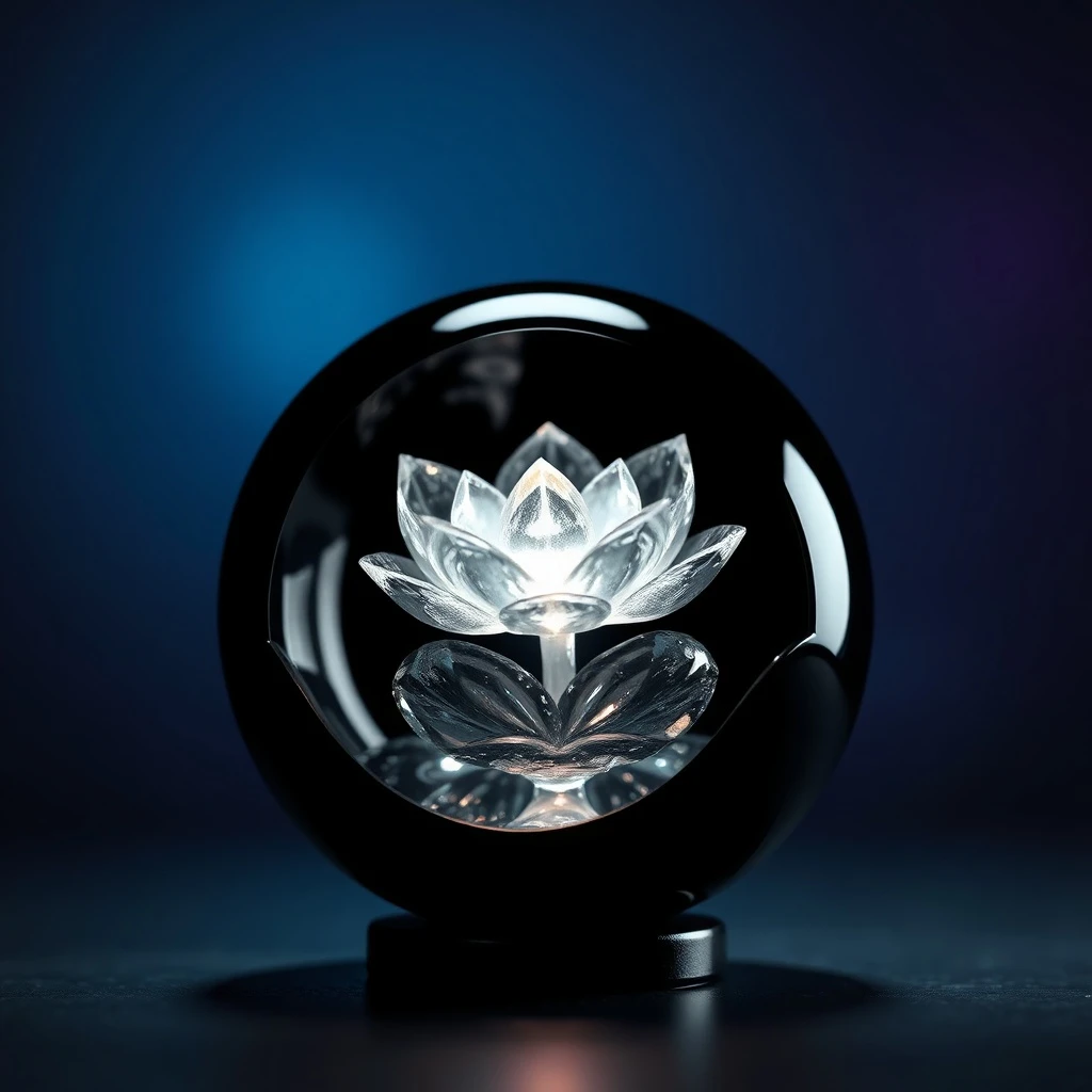 Escultura de cristal de una flor de loto emergiendo de una esfera oscura, simbolizando la superación de barreras psicológicas.