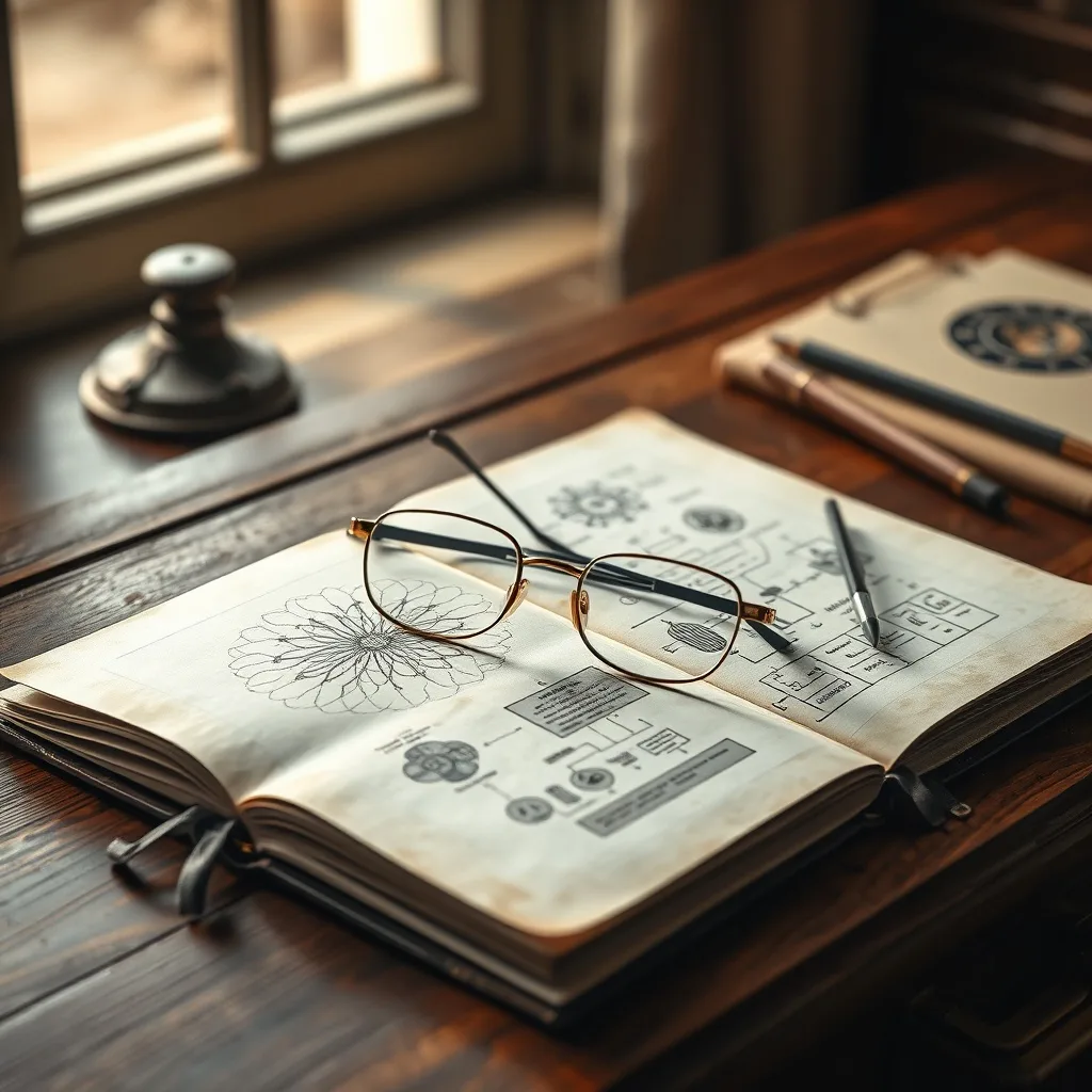 Cuaderno científico con diagramas neuronales y gafas antiguas en un escritorio de madera