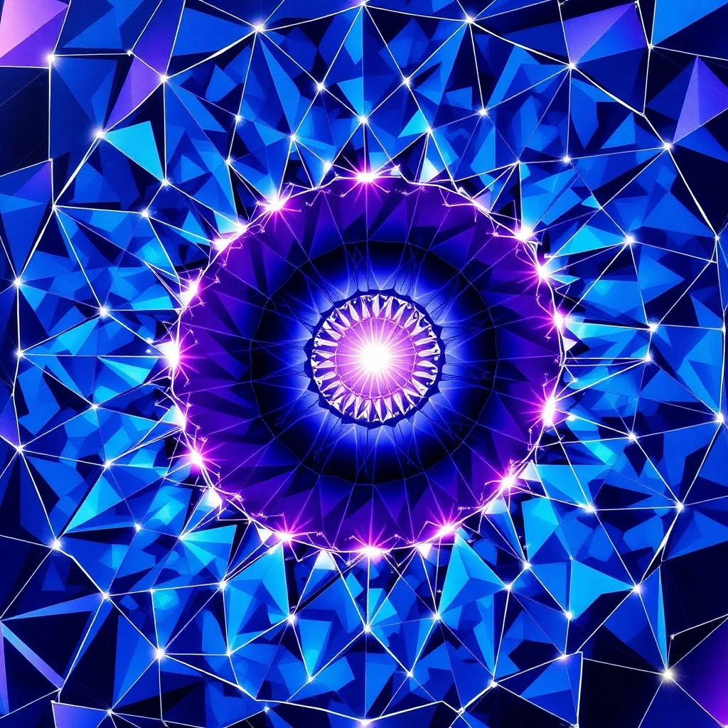 Pintura abstracta en espiral de formas geométricas interconectadas en tonos azules y morados