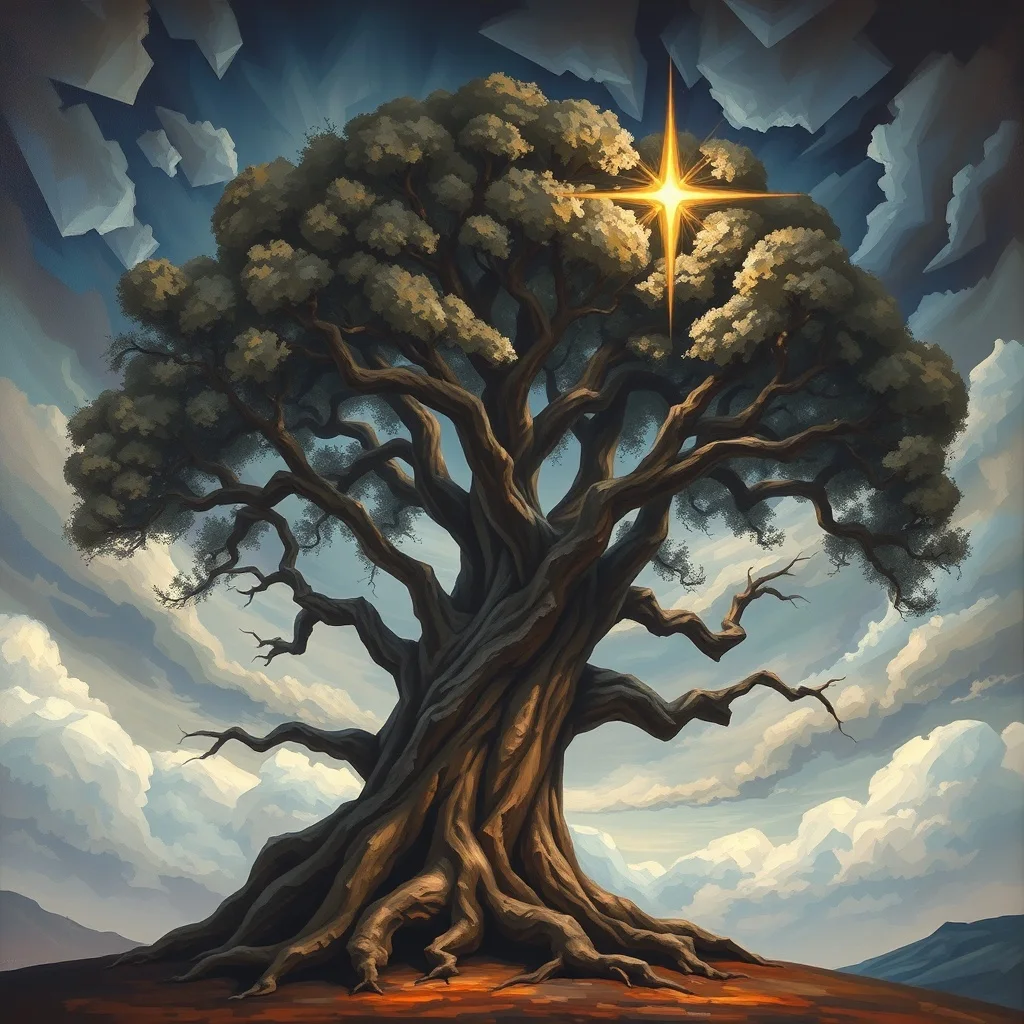 Pintura al óleo de un roble antiguo con raíces profundas, bajo un cielo onírico y turbulento con nubes fragmentadas, y una estrella brillante guiando, simbolizando la resiliencia.