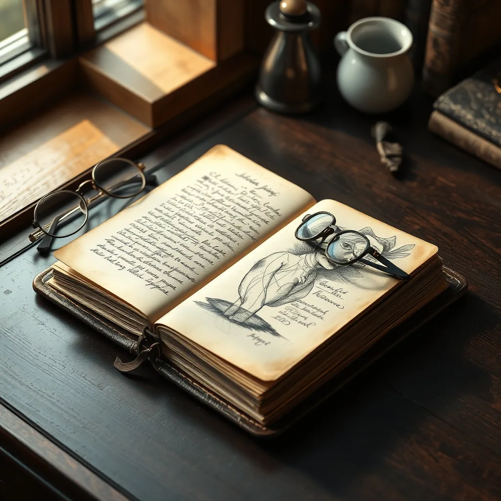 Diario abierto con notas y bocetos de sueños, junto a unas gafas antiguas y una taza de té, evocando un estudio introspectivo sobre el subconsciente.