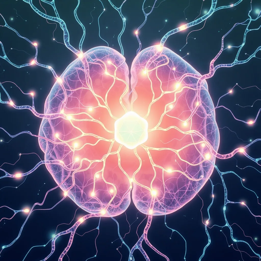 Ilustración digital 3D abstracta de redes neuronales y ondas de luz calmantes que convergen alrededor de una semilla brillante, simbolizando el crecimiento y la curación mental.