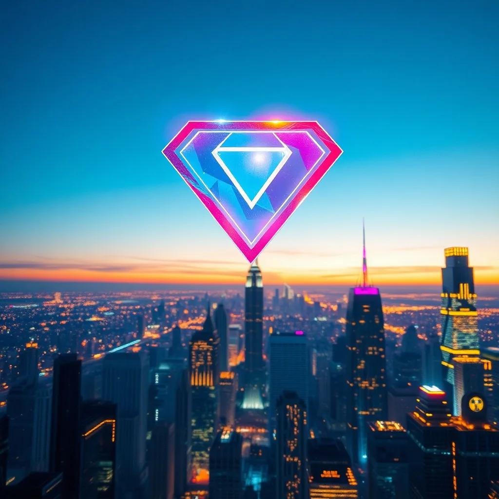 Emblema de superhéroe abstracto brillando sobre una ciudad futurista, representando el impacto cultural y la era digital