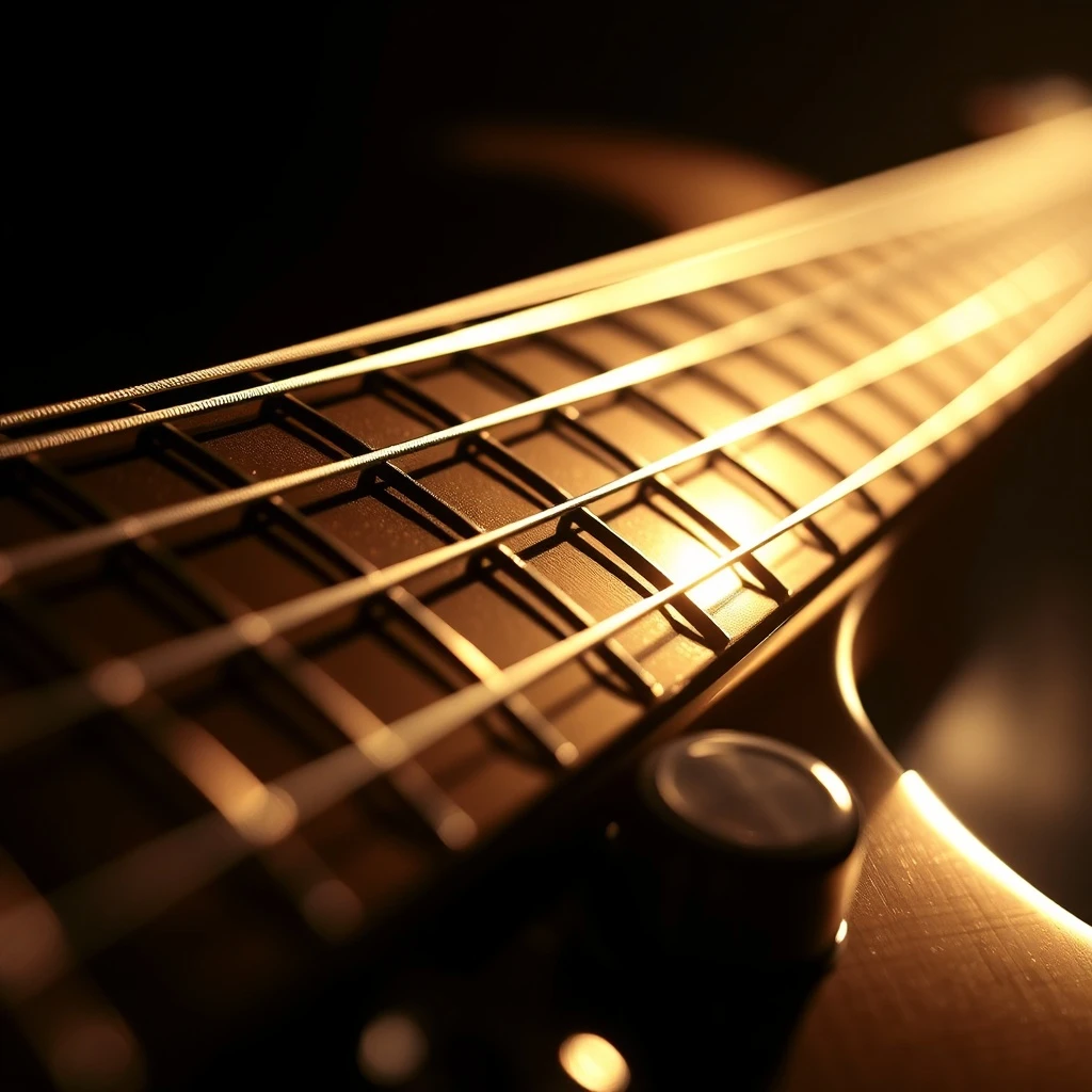 Primer plano macro de un diapasón de guitarra eléctrica, con las cuerdas y trastes iluminados por una luz dramática que sugiere movimiento rápido y virtuosismo técnico, sin manos humanas.