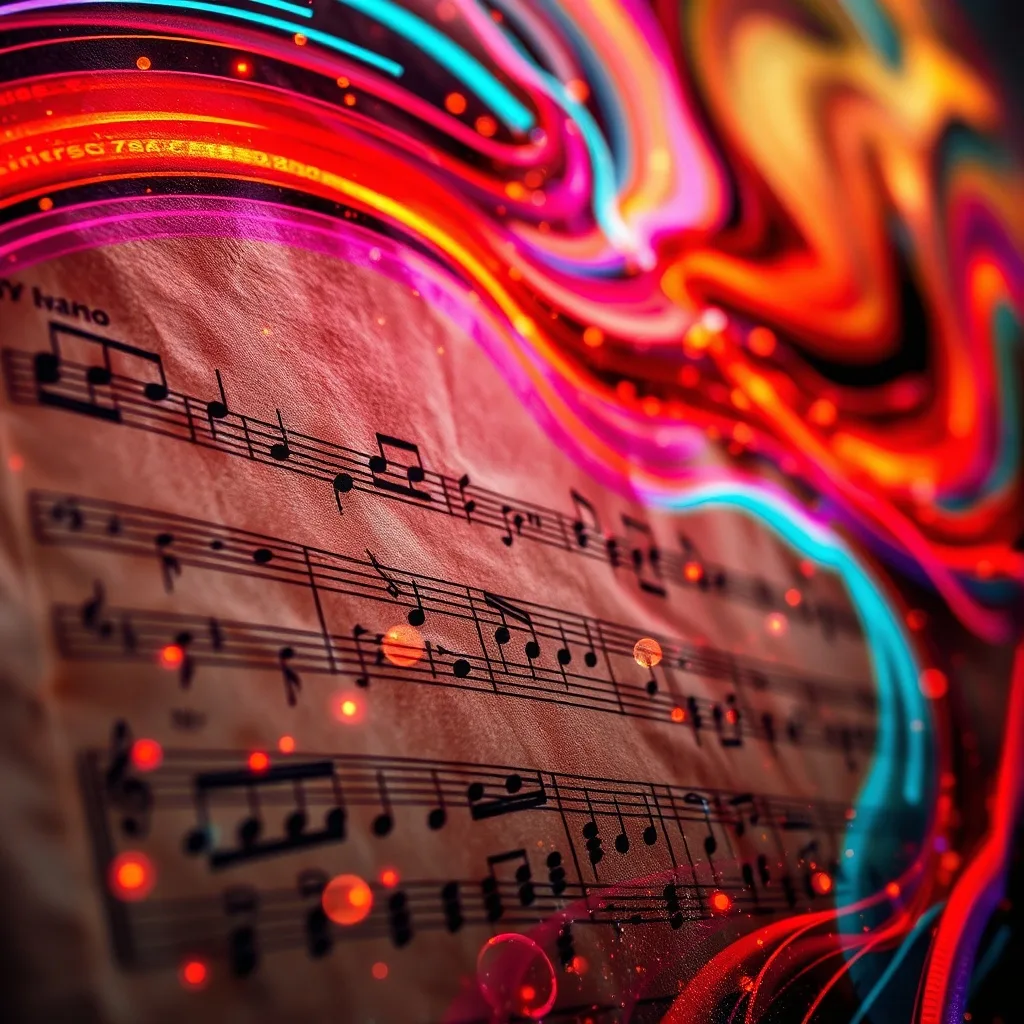 Una partitura musical clásica con notas que se transforman en símbolos electrónicos y digitales, flotando sobre un fondo abstracto de colores vibrantes, representando la fusión de tradición e innovación.